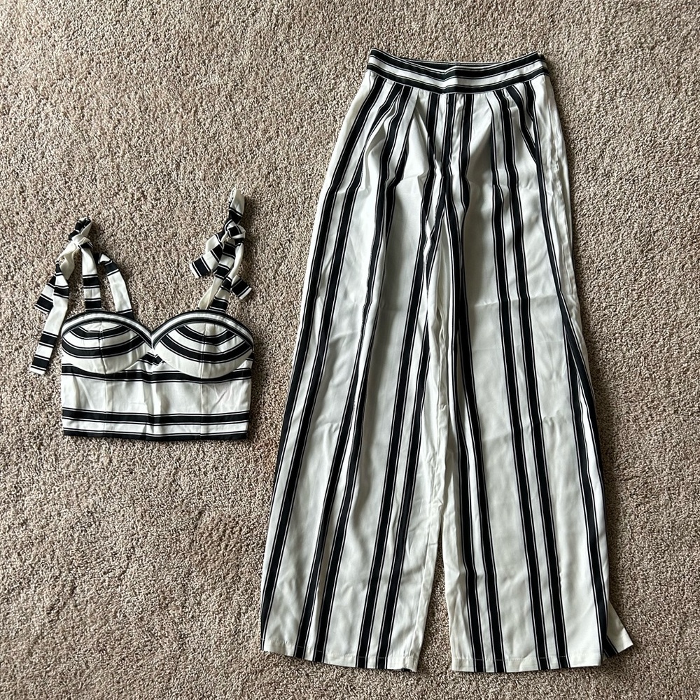 Flying Tomato 2 piece set. Black and white striped crop top and pants